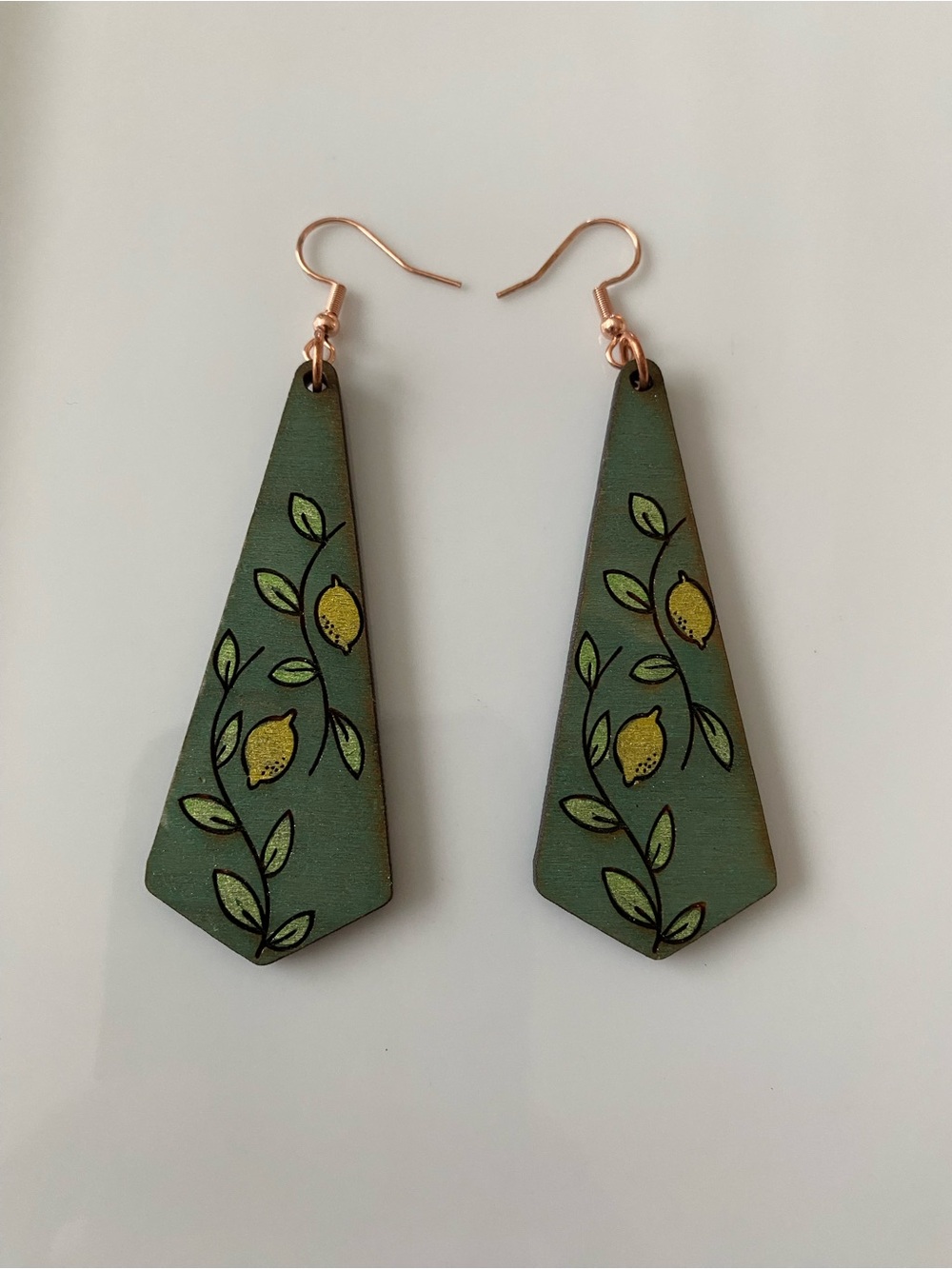 Painted Green Lemon Vine Drop Wood Earrings